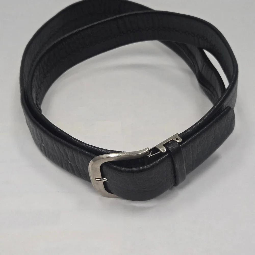 Vintage Bonjour Mens Black Leather Money Belt Hidden Zipper Pocket SZ 44 Silver